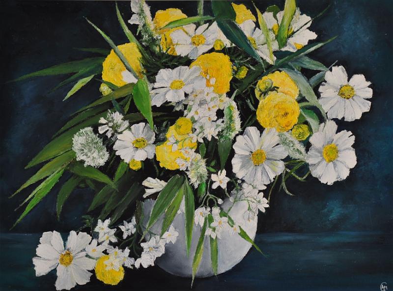 bouquet-jaune-et-blanc.jpg - Painting oil on paper -Huile sur papier format /size 45x60